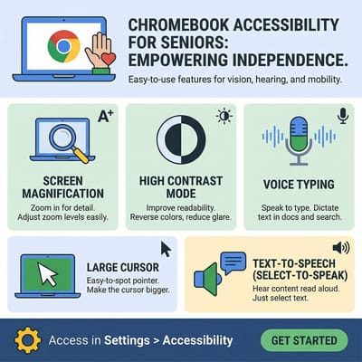 Infographic showing key Chromebook accessibility features for seniors
