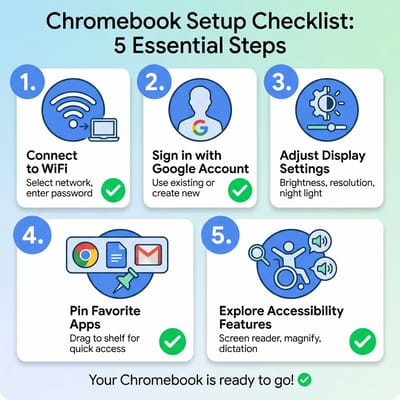 Visual checklist of essential Chromebook setup steps for seniors
