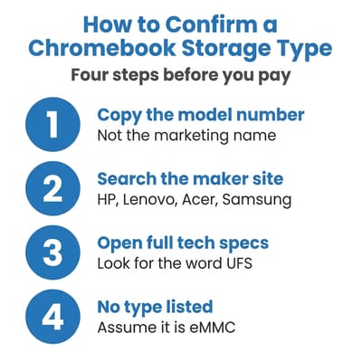 Numbered checklist for confirming a Chromebook storage type: copy the model number, search the maker site, open full tech specs and look for the word UFS, and assume eMMC when no type is listed