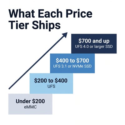 Staircase infographic of four rising steps mapping Chromebook price bands to storage type: under $200 eMMC, $200 to $400 UFS, $400 to $700 UFS 3.1 or an NVMe SSD, and $700 and up UFS 4.0 or a larger SSD, with an arrow climbing alongside the steps