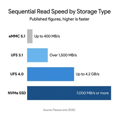 Bar chart of published sequential read speeds: eMMC 5.1 up to 400 MB per second, UFS 3.1 over 1,500 MB per second, UFS 4.0 up to 4.2 GB per second, and NVMe SSD 7,000 MB per second or more