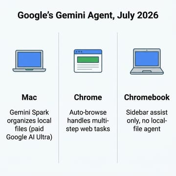 Where Google's Gemini agent runs in July 2026: Gemini Spark on Mac, auto-browse in Chrome, and sidebar-only assist on a Chromebook with no local-file agent