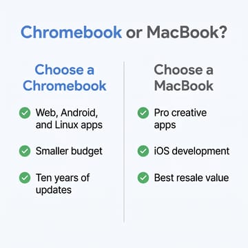Decision guide: choose a Chromebook for web, Android, and Linux apps on a smaller budget; choose a MacBook for pro creative apps, developer tools, and resale value