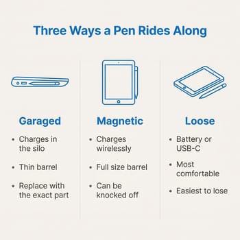 Infographic titled 'Three Ways a Pen Rides Along' comparing garaged pens that charge in the silo, magnetic pens that charge wirelessly, and loose pens that run on a battery or USB-C