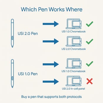 Infographic titled 'Which Pen Works Where' showing that a USI 2.0 pen works on both USI 1.0 and USI 2.0 Chromebooks, while a USI 1.0 pen works on USI 1.0 Chromebooks and can fail on USI 2.0 in-cell panels
