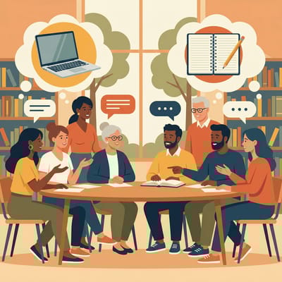 Illustration showing the tension between digital and analog learning in classrooms