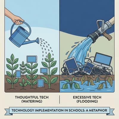 Illustration comparing flooding versus intentional watering as a metaphor for technology implementation