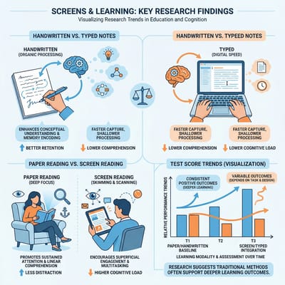 Infographic showing key research findings on screens and learning