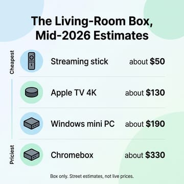 Vertical chart of mid-2026 street estimates for a living-room box: streaming stick about $50, Apple TV 4K about $130, Windows mini PC about $190, Chromebox about $330