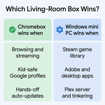 Two-column chart: a Chromebox wins for browsing and streaming, kid-safe Google profiles, and hands-off auto-updates; a Windows mini PC wins for a Steam game library, Adobe and desktop apps, and a Plex server and tinkering