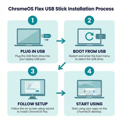 Infographic showing how the ChromeOS Flex USB stick installation process works: plug in, boot from USB, install, and start using