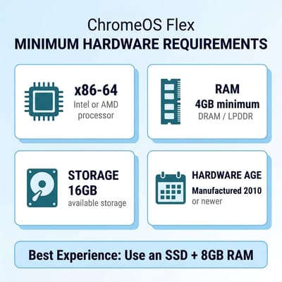Infographic showing ChromeOS Flex hardware requirements: x86-64 CPU, 4GB RAM minimum, 16GB storage, and recommended SSD