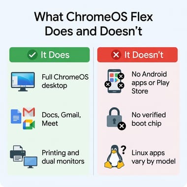 Two-column graphic: ChromeOS Flex does run a full desktop, Docs, Gmail, Meet, printing and dual monitors; it does not run Android apps or the Play Store, has no verified boot chip, and Linux app support varies by model