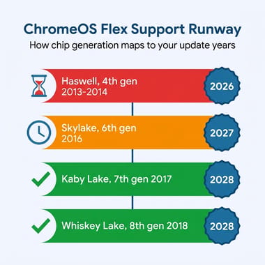 Infographic mapping Intel chip generations to ChromeOS Flex end-of-support years: Haswell to 2026, Skylake to 2027, Kaby Lake and Whiskey Lake to 2028
