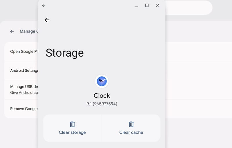 The Android Storage page for the Clock app, with Clear storage and Clear cache buttons side by side