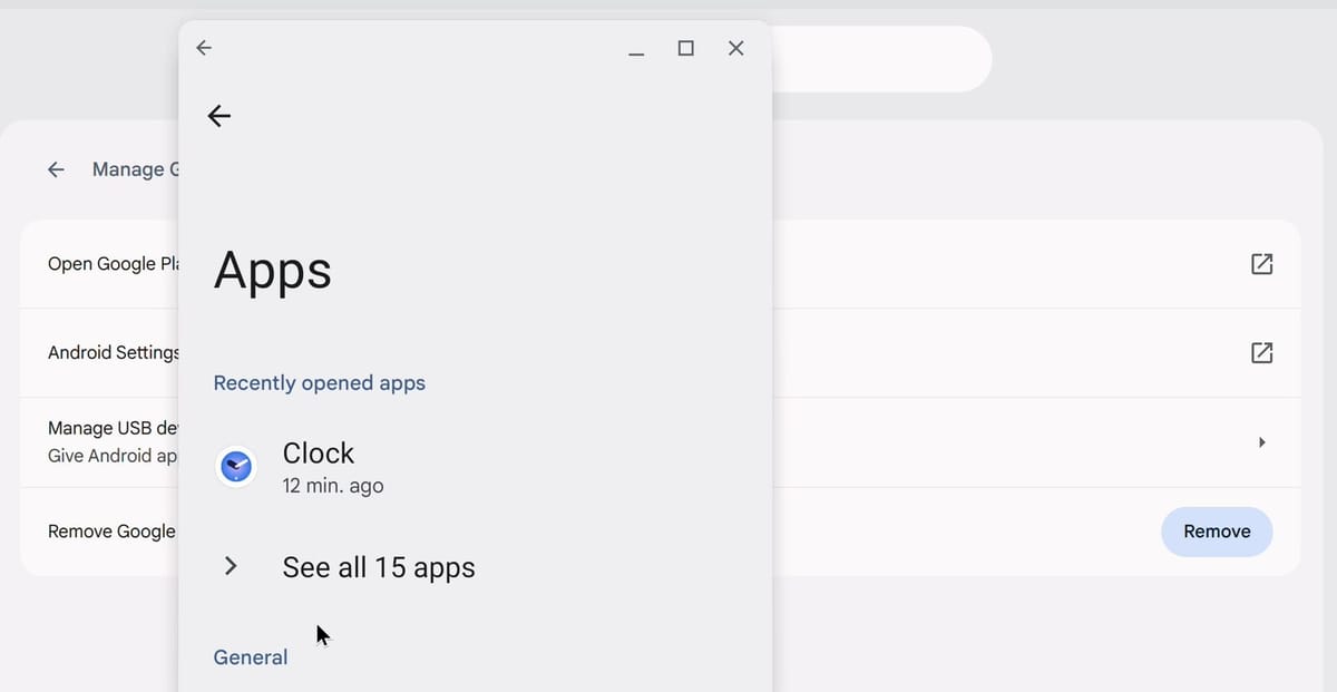 The Android Settings window on the Apps page, with Clock under Recently opened apps and a See all 15 apps row below it