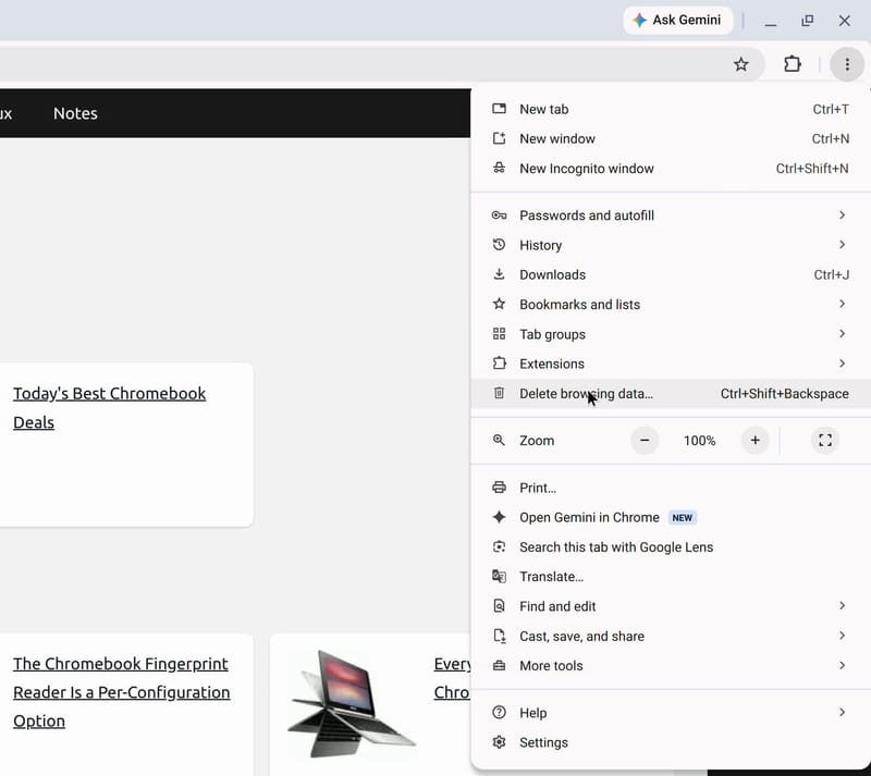 Chrome's three-dot menu open, with the pointer on the Delete browsing data row and the shortcut Ctrl+Shift+Backspace printed at the right of that row