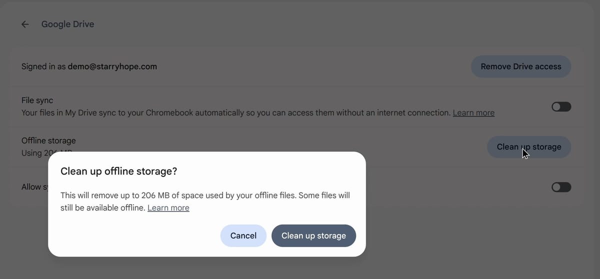 The Clean up offline storage? dialog, which says it will remove up to 206 MB of space used by offline files and that some files will still be available offline, with Cancel and Clean up storage buttons