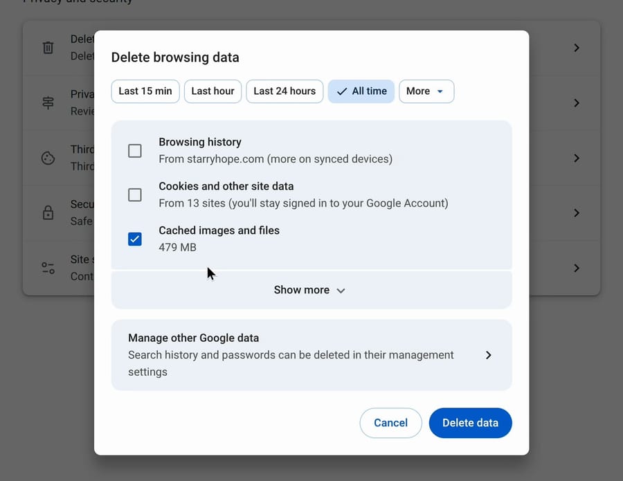 The Delete browsing data dialog with All time selected, Browsing history and Cookies and other site data unticked, Cached images and files ticked at 479 MB, and the Cancel and Delete data buttons