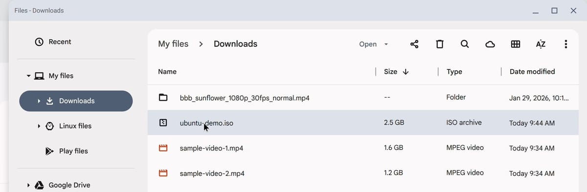 The Files app on the Downloads folder, sorted by Size with an arrow on the Size header, and a 2.5 GB file named ubuntu-demo.iso selected below a folder