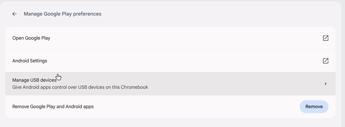 The Manage Google Play preferences page in ChromeOS Settings, with rows for Open Google Play, Android Settings, Manage USB devices, and Remove Google Play and Android apps