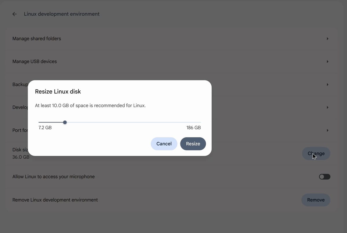 The Resize Linux disk dialog over the Linux development environment page, with the note At least 10.0 GB of space is recommended for Linux, a slider, and Cancel and Resize buttons, and the Disk size row showing 36.0 GB with a Change button