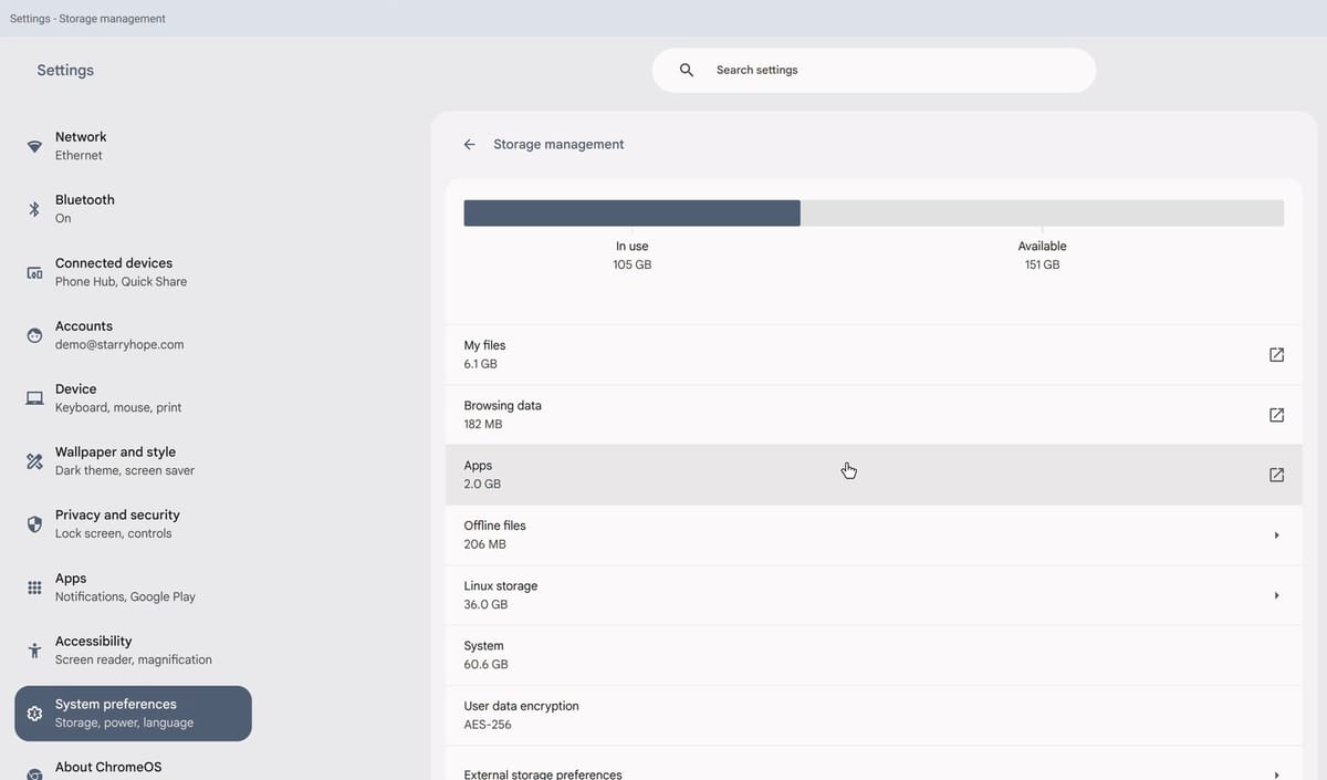 The ChromeOS Storage management page with In use 105 GB and Available 151 GB, and rows for My files, Browsing data, Apps, Offline files, Linux storage, System, User data encryption, and External storage preferences