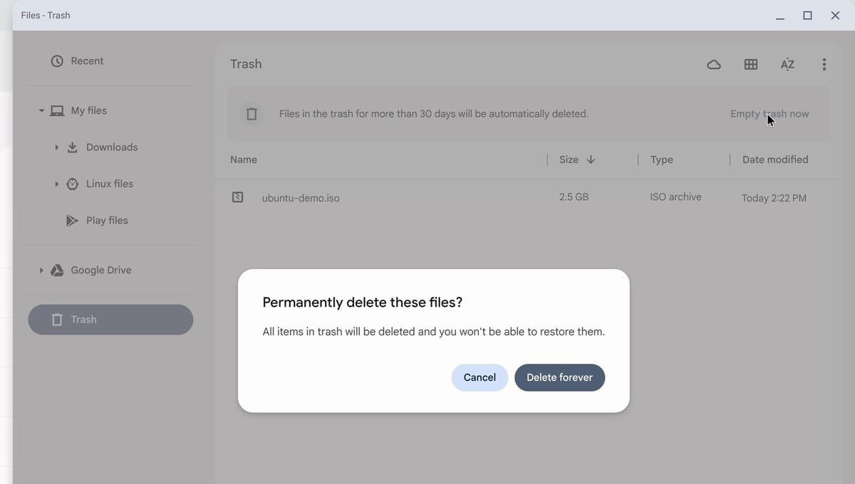 The Files app Trash with the 30-day banner and its Empty trash now link, under a Permanently delete these files? dialog with Cancel and Delete forever buttons