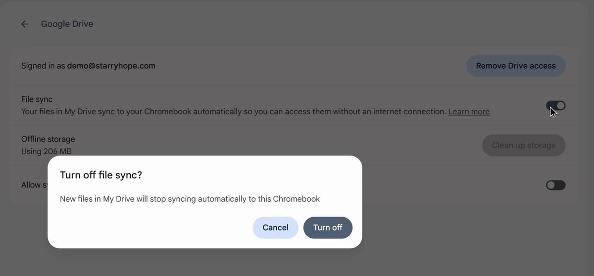 The Google Drive settings page with the Turn off file sync? dialog, which reads New files in My Drive will stop syncing automatically to this Chromebook, and Cancel and Turn off buttons