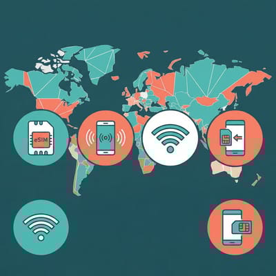 Infographic showing digital nomad connectivity options including eSIM, hotspot, and local SIM