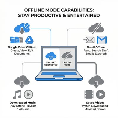 Infographic showing Chromebook offline capabilities for travel
