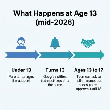 Three-step timeline showing how Family Link supervision changes at age 13 as of mid-2026