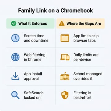 Two-column chart showing what Family Link enforces on a Chromebook versus where the gaps are