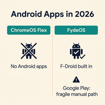 Infographic comparing Android app support: ChromeOS Flex has none, FydeOS ships F-Droid by default, Google Play requires a fragile manual path
