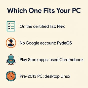 Infographic decision guide: certified list means Flex, no Google account means FydeOS, Play Store apps mean a used Chromebook, pre-2013 PCs mean desktop Linux