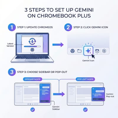 Step-by-step setup guide showing how to access Gemini in Chrome on Chromebook Plus