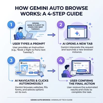 How Gemini auto browse works: prompt, background tab, step-by-step progress, user confirmation