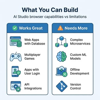 What you can build with AI Studio browser versus limitations for complex apps
