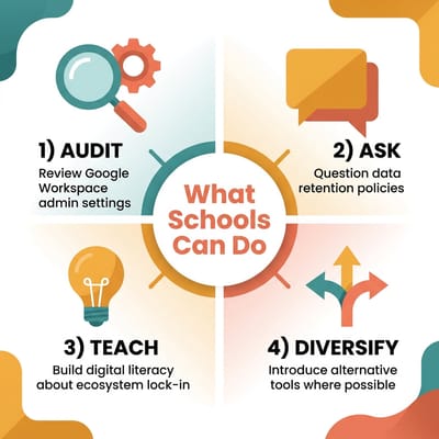 Infographic showing concrete steps schools can take: audit data settings, teach digital literacy, diversify tools, ask hard questions