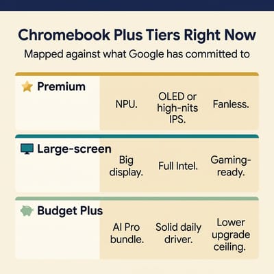 Three-row infographic mapping Chromebook Plus tiers: Premium row labeled NPU OLED-or-high-nits-IPS Fanless; Large-screen row labeled Big display Full Intel Gaming-ready; Budget Plus row labeled AI Pro bundle Solid daily driver Lower upgrade ceiling