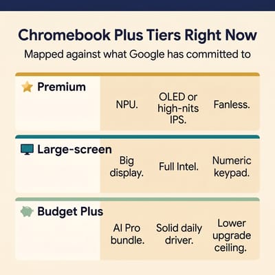 Three-row infographic mapping Chromebook Plus tiers: Premium row labeled NPU OLED-or-high-nits-IPS Fanless; Large-screen row labeled Big display Full Intel Numeric keypad; Budget Plus row labeled AI Pro bundle Solid daily driver Lower upgrade ceiling