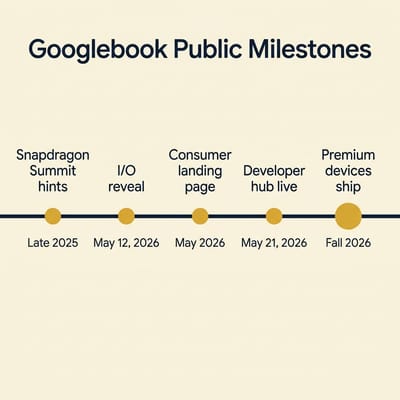 Horizontal timeline titled Googlebook Public Milestones with five nodes: Snapdragon Summit hints Late 2025, I/O reveal May 12 2026, Consumer landing page May 2026, Developer hub live May 21 2026, Premium devices expected to ship fall 2026
