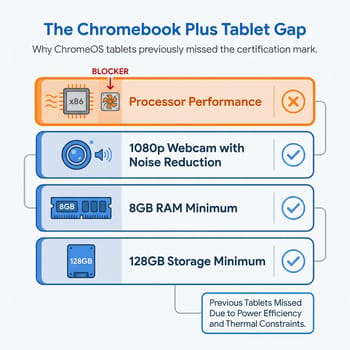 Infographic showing why previous ChromeOS tablets could not meet Chromebook Plus certification requirements