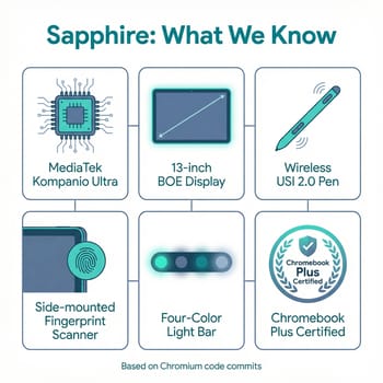 Infographic showing known Sapphire features: Kompanio Ultra, 13-inch display, wireless USI pen, fingerprint scanner, and light bar