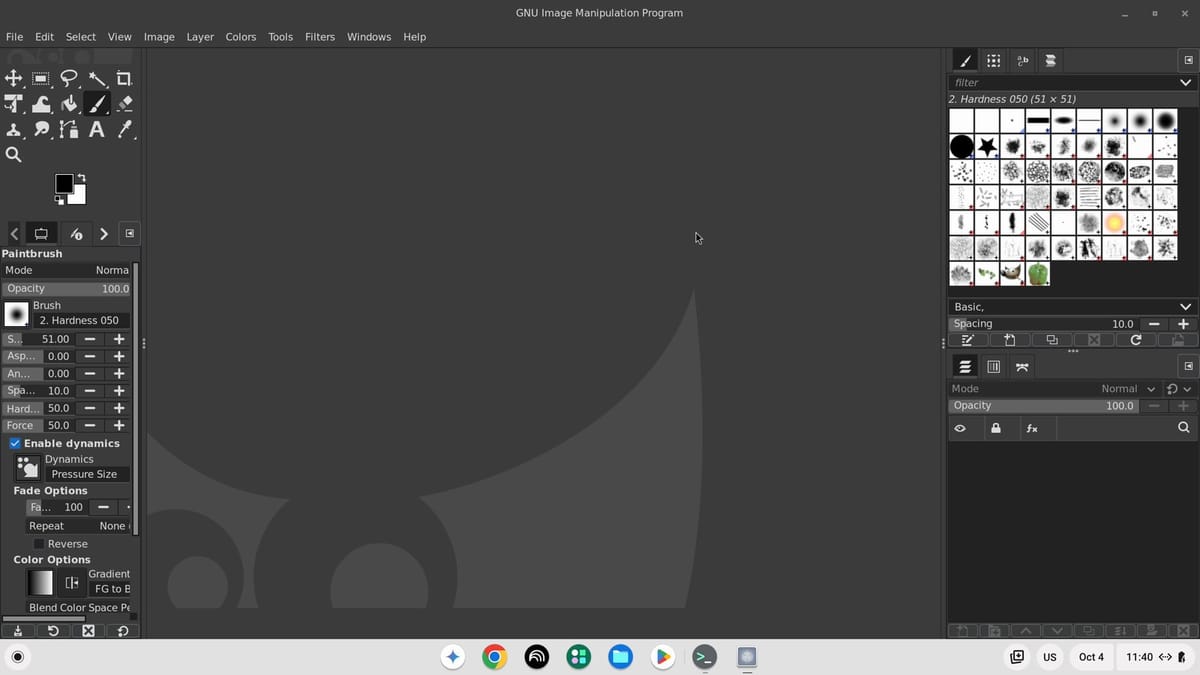 GIMP open and maximized on ChromeOS, with the toolbox and tool options on the left and the brushes and layers panels on the right