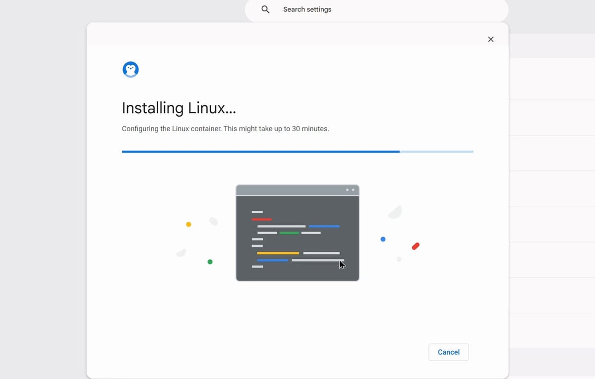 The Installing Linux window with a progress bar most of the way across and the status line Configuring the Linux container. This might take up to 30 minutes.