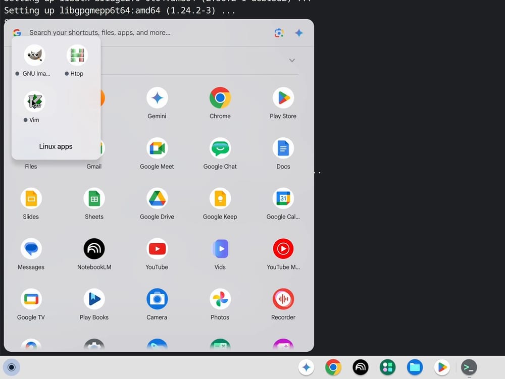 The ChromeOS launcher with the Linux apps folder open, showing icons labeled GNU Ima..., Htop, and Vim
