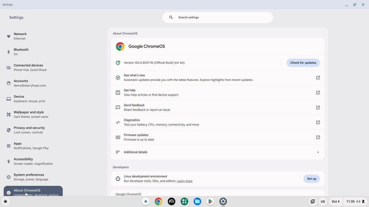 ChromeOS Settings open on About ChromeOS, showing Version 154 at the top and, under the Developers heading, the Linux development environment row with a Set up button