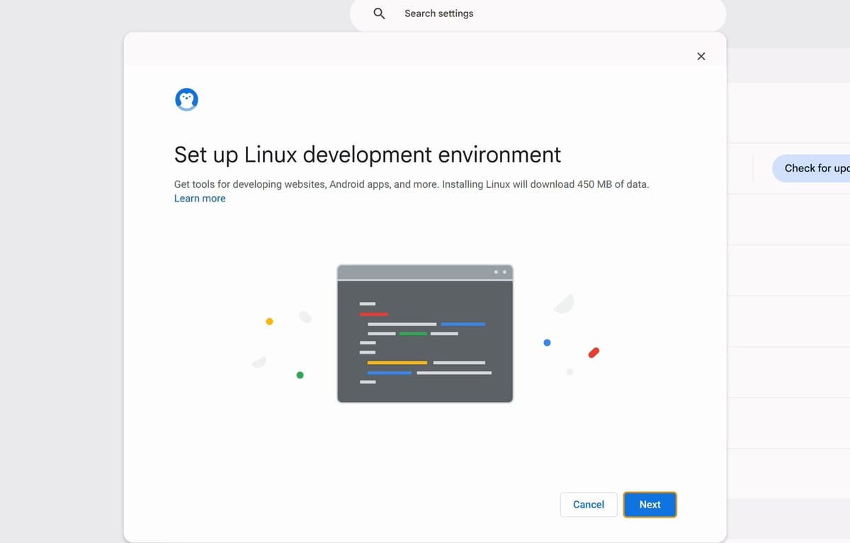 The Set up Linux development environment window, saying that installing Linux will download 450 MB of data, with Cancel and Next buttons