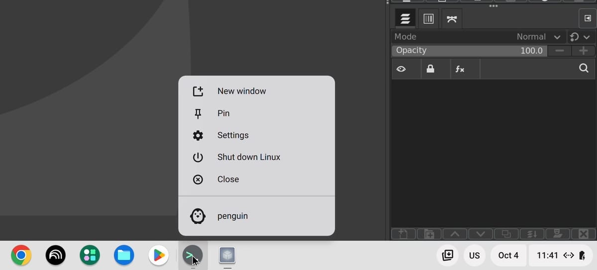 The right-click menu on the Terminal icon in the ChromeOS shelf, with the options New window, Pin, Settings, Shut down Linux, and Close, and penguin below